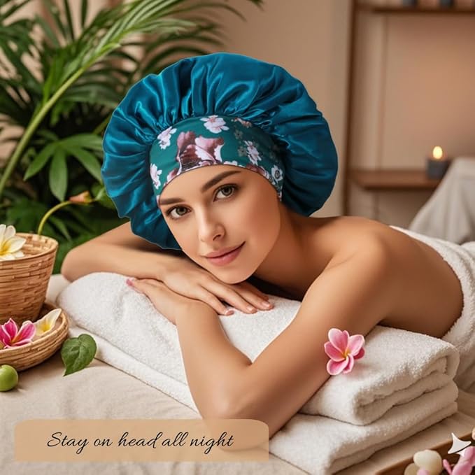 3+3 Large Satin Bonnets with Scrunchies for Women, Wide Band Hair Bonnet for Sleeping Braids Curly Hair, D