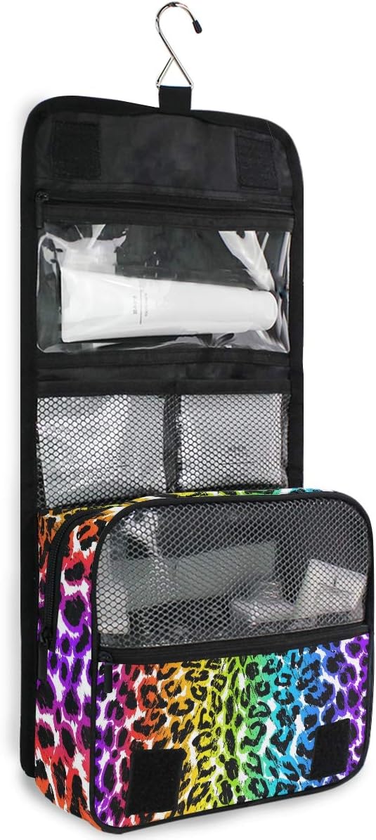 senya Hanging Travel Toiletry Bag Kit Makeup Case Cosmetics Organizer for Men Women (Rainbow Leopard Animal Print)