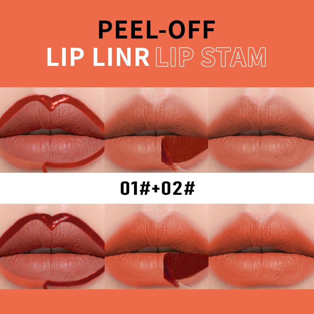 KXmzeG Matte Lip Liner Peel Off Lip Stain, Long Lasting Peel Off Lip Liner Stain, Peel-off Lip Gloss For All Skin Types, Transfer-proof Highly Pigmented Color Waterproof, (01#+02#, Pack of 2)