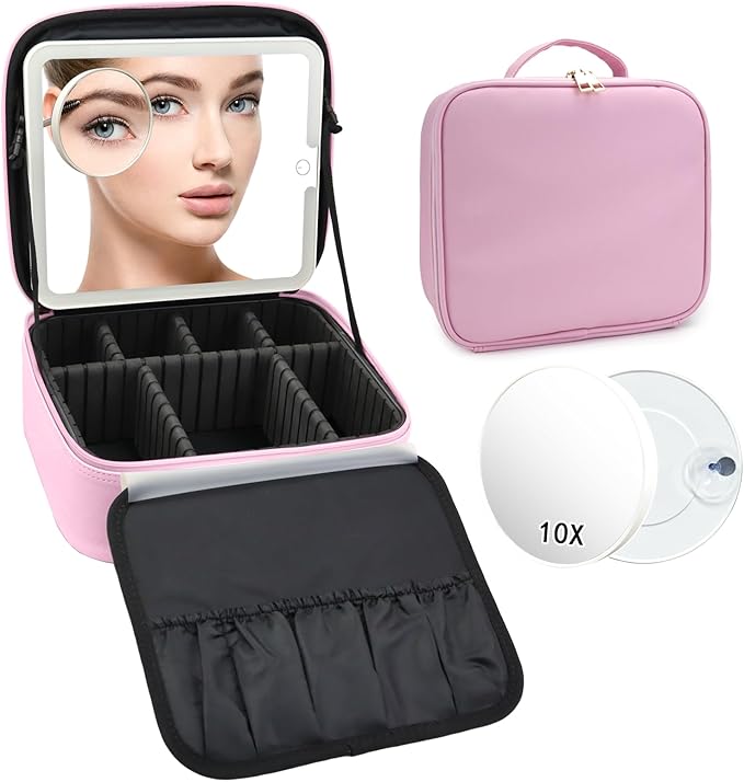 SLUMAZI Travel Makeup Bag with LED Mirror and 10x magnifying glass with 3 Lighted Settings, Adjustable Dividers and Makeup Brush Storage Bag Light Pink