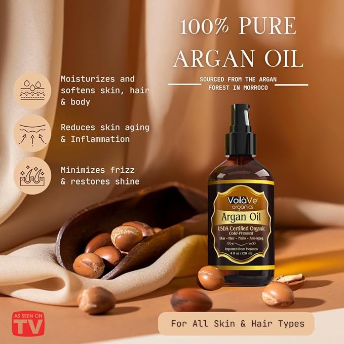 VoilaVe USDA Pure Organic Moroccan Argan Oil for Skin, Nails & Hair Growth, Anti-Aging Face Moisturizer, Cold Pressed, Hair Moisturizer, Rich in Vitamin E, As Seen On TV - 4 fl oz