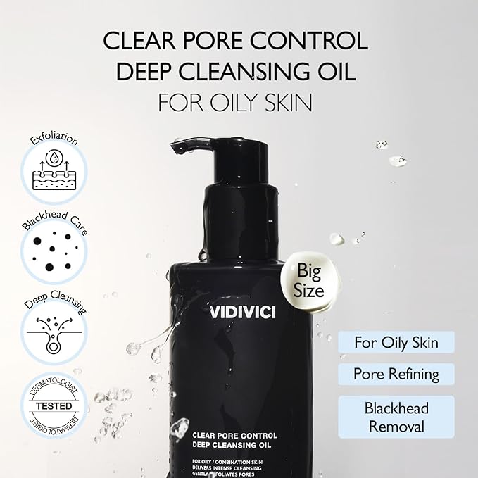 VIDIVICI Clear Pore Control Cleansing Oil 10.14 fl.oz | Makeup remover with blackhead care, Korean facial cleanser for oily skin, Sebum control with Bamboo Charcoal Powder, Korean skin care