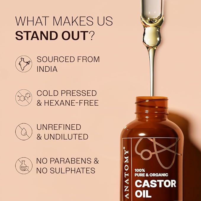 Bare Anatomy 100% Pure & Organic Castor Oil Cold Pressed, Unrefined, USDA Certified, Hexane-Free | For Hair Growth, Thicker Eyelashes & Eyebrows| Suitable for Body, Skin & Nails | 50 ml