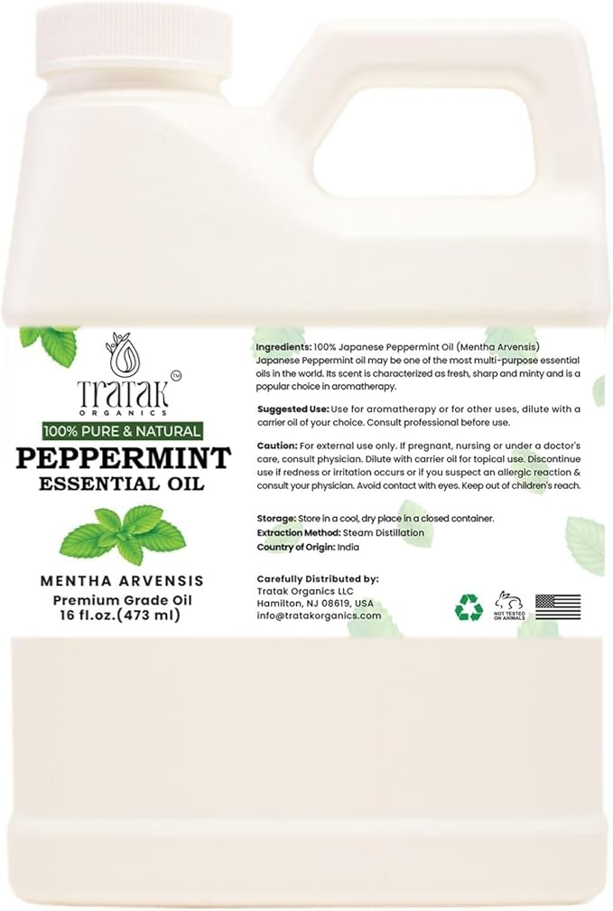 Tratak Organics 16 fl oz - Peppermint Essential Oil 100% Pure, Uncut and Natural, 16 fl oz - Peppermint Essential Oil for Aromatherapy, Diffuser, Hair Care, Skin Massage - with Dropper