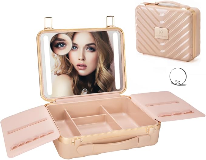 ZhenGuiRu Makeup Case with LED Lighted Mirror, 11.5''x 8.7'' Portable Travel Makeup Organizer, Toiletry Storage Makeup Bag Gift for Lady, DIY Dividers Makeup Box with 5X Magnifying Mirror (Pink)