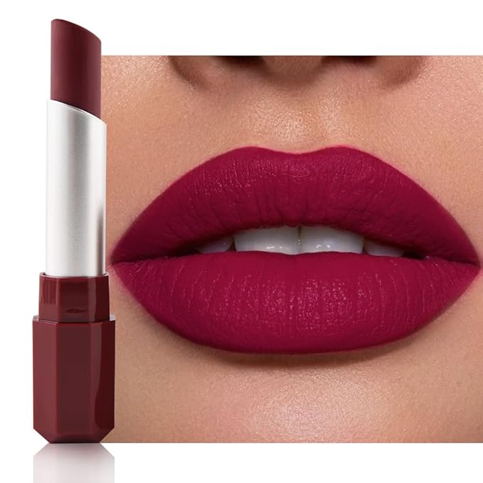IATMOMOD Burgundy Red Cream Matte Lipstick Stick 04#, Longwear Full Coverage Velvet Lip Color, Waterproof Multi-Use Lip & Cheek Makeup for Party & Daily Wear, Labial con color mate para uso diario