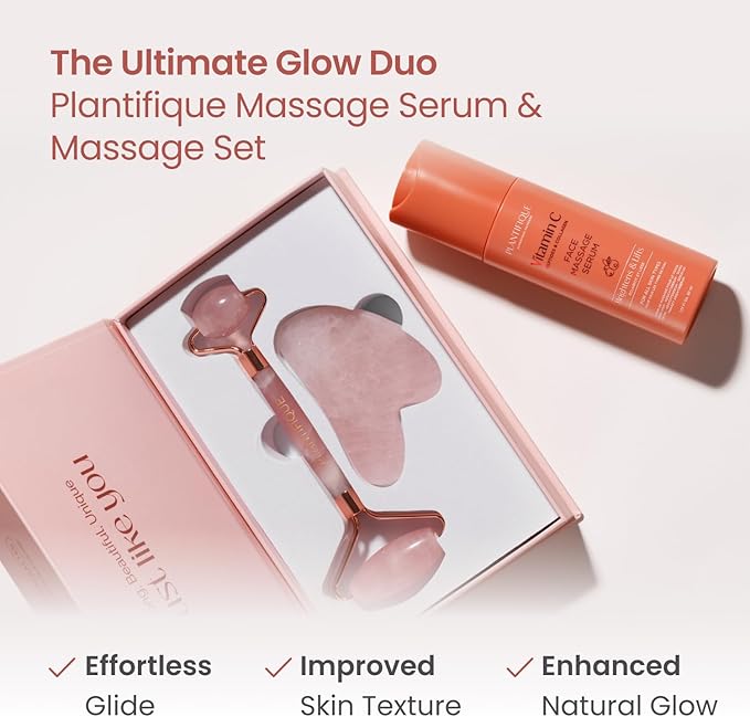 PLANTIFIQUE Rose Quartz Gua Sha & Face Roller Set, Certified Face Massager