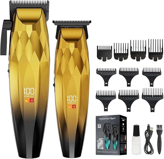 WAIKIL Professional Hair Clipper and Trimmer Set for Men, Cordless Barber Clippers with LED Display, Rechargeable Hair Cutting Kit for Hair, Beard and Grooming,Gold