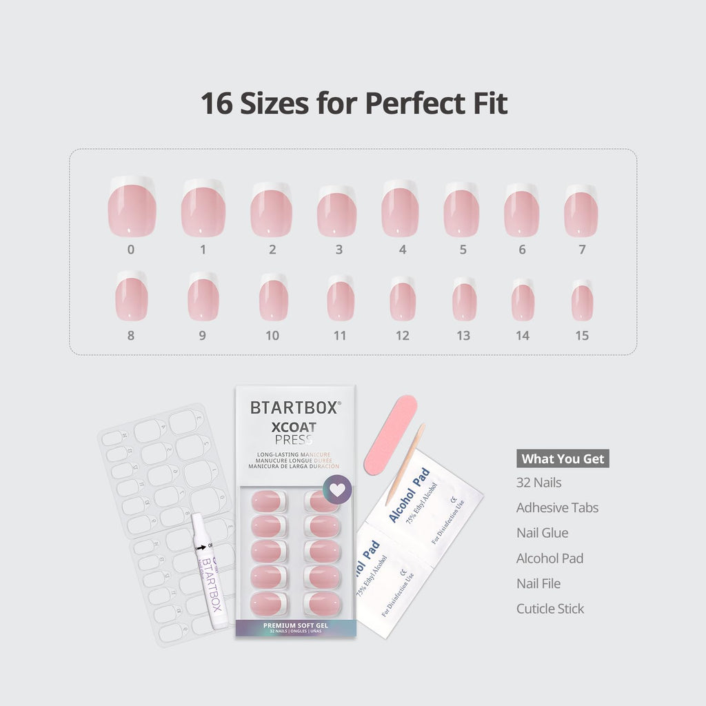 BTArtbox Press On Nails, French Tip Short Square Fake Nails, 32Pcs Full Kit