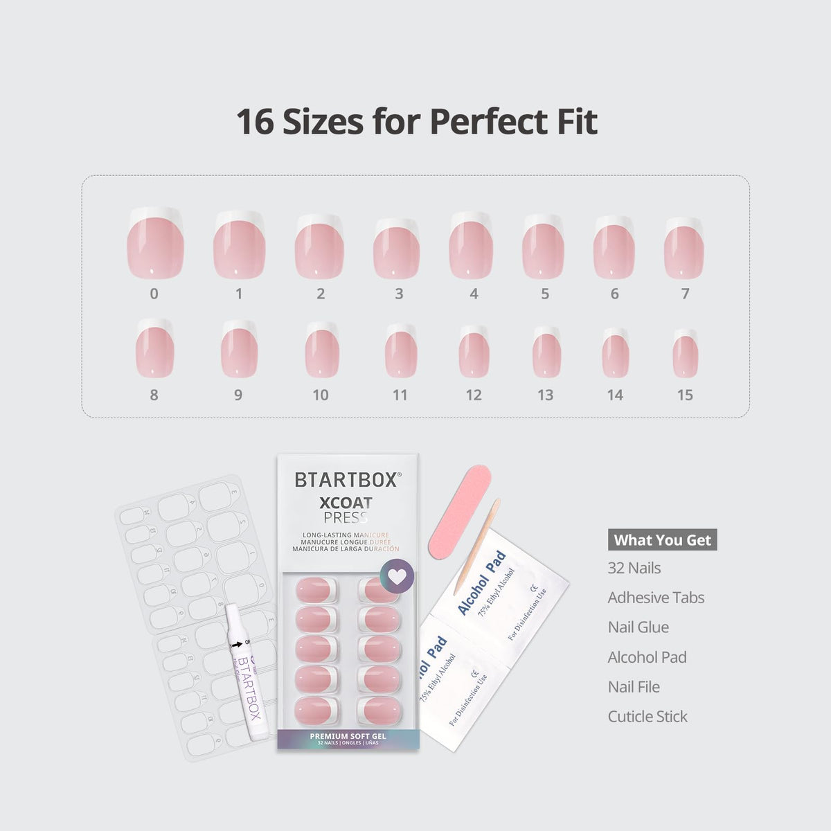 BTArtbox Press On Nails, French Tip Short Square Fake Nails, 32Pcs Full Kit