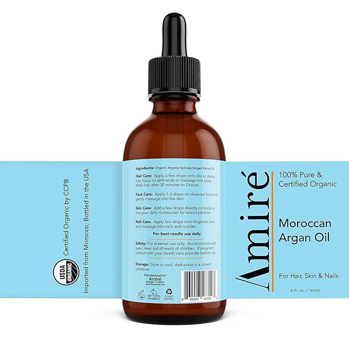 3 Pack of USDA Certified Organic Argan Oil 4oz, Triple Extra Virgin Grade Moroccan Argan Oil for Skin, Face, & Nails. Moisturizer. Scalp Treatment Hair Oil for Dry, Damaged, Brittle Hair.