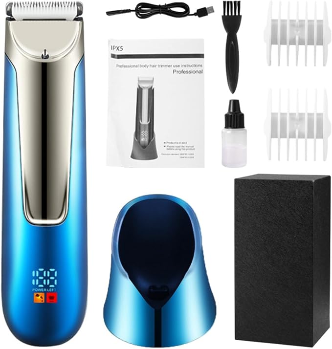 WAIKIL Men's Professional Hair Clipper - Cordless Body Hair Trimmer with Charging Base,LED Display,IPX7 Waterproof,USB Charging,Low Noise Electric Grooming Kit (Black)