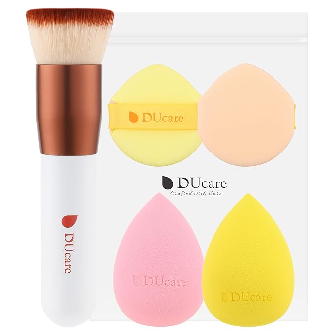 DUcare Foundation Brush with Makeup Sponges 5pcs Puff Flat Top Kabuki Brush for Liquid Blending Mineral Powder Buffing Stippling