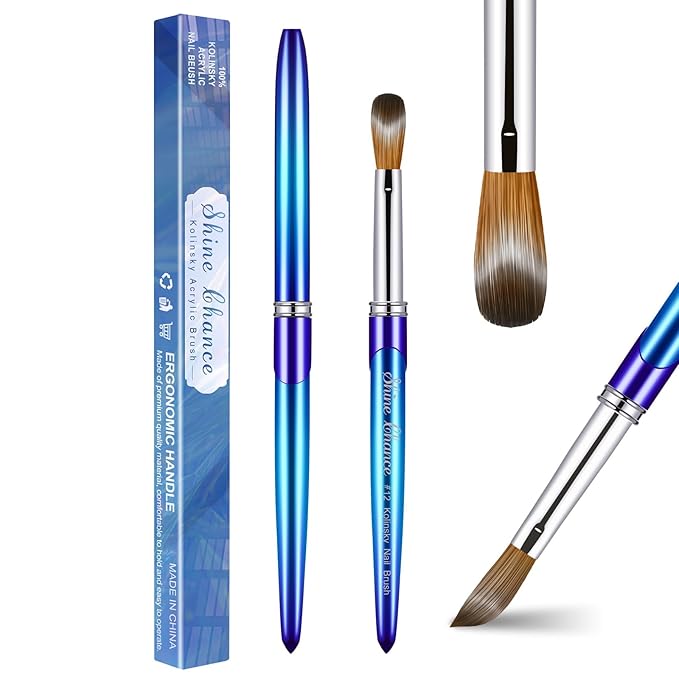 Shine Chance Acrylic Nail Brush - Size 12, 100% Pure Kolinsky Sable 3D Art Nail Brush & Application Tool - Gradient Blue Handle