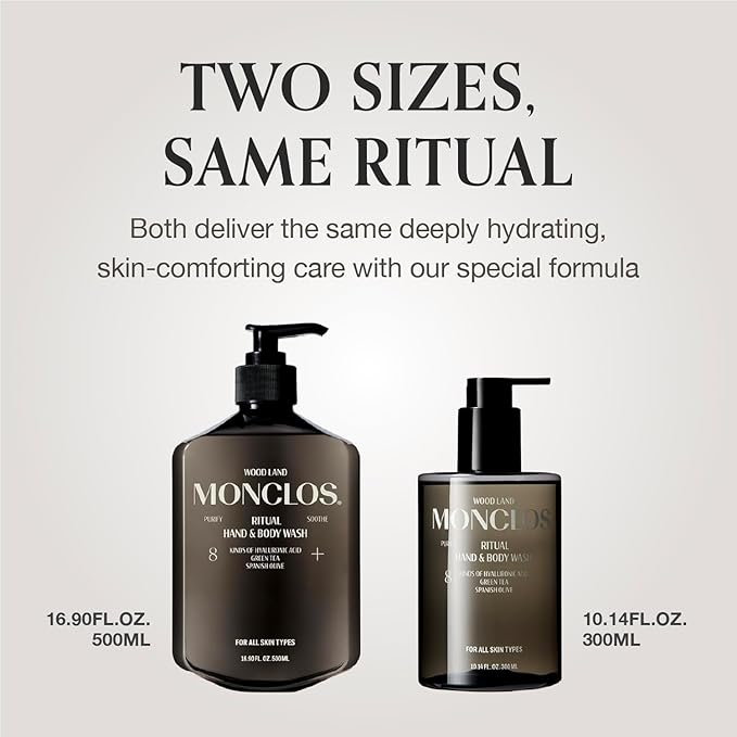MONCLOS Ritual Hand & Body Wash (10.14 fl oz) - Hydrating pH-Balanced Body Cleanser with Olive Oil, 8-Complex Hyaluronic Acid, and Ceramides for Smooth and Comfortable Skin