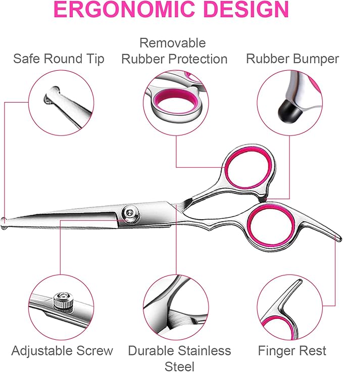 TINMARDA Dog Grooming Kit, Professional Stainless Steel Dog Grooming Scissors with Curved Shears, Pink Finger Rings - 5 Piece Sharp Durable Pet Shears for Dogs Cats At Home Salon-Quality Grooming