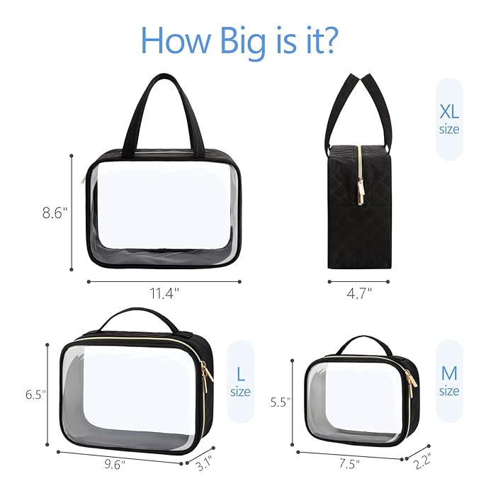PACKISM Clear Makeup Bag Travel - TSA Approved Toiletry Bag, 3 Pack Black