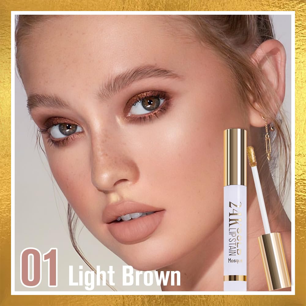 JUAAZIN 2Pcs 2025 New 24K Gold Liquid Lip Gloss Peel Off Lip Stain Tattoo with Tweezer, Lips Stain Peel Off Masque, Long Lasting Waterproof Lip Tint Stain, Transfer-proof for All Skin Types 01#+02#