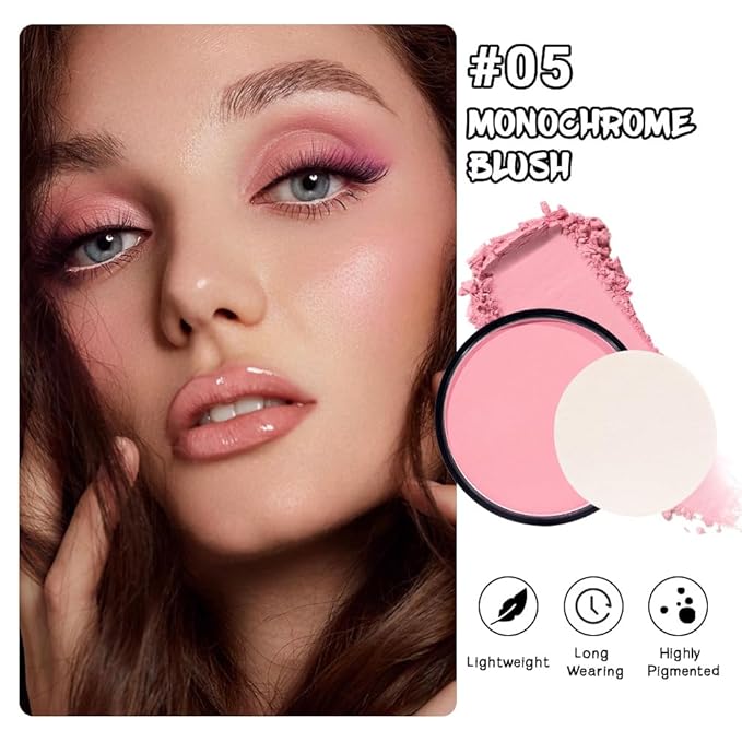 HHLTOH Natural Single Matte for Face Cheeks Blush with Makeup Powder Puff, Nude Pink Monochrome Blush Cream Powder Makeup Palette Blushes Long-lasting Color Blendable Foundation for Women Every Day 05