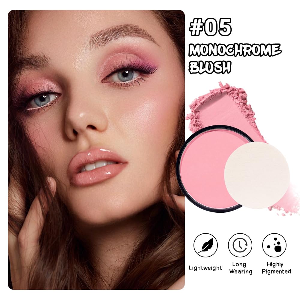 HHLTOH Natural Single Matte for Face Cheeks Blush with Makeup Powder Puff, Nude Pink Monochrome Blush Cream Powder Makeup Palette Blushes Long-lasting Color Blendable Foundation for Women Every Day 05
