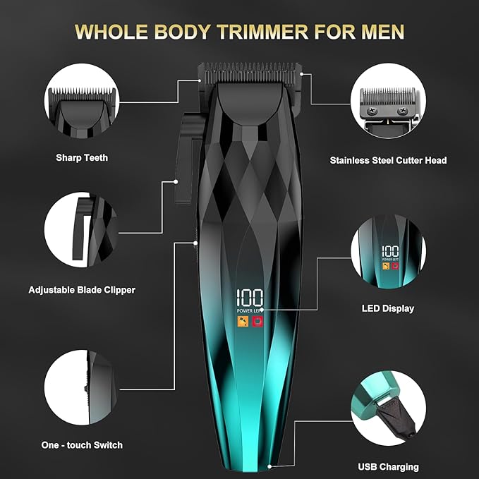 WAIKIL Hair Clipper and Trimmer Set for Men, Rechargeable Cordless Barber Kit with LED Display, Professional Grooming Tools for Hair and Beard，Green