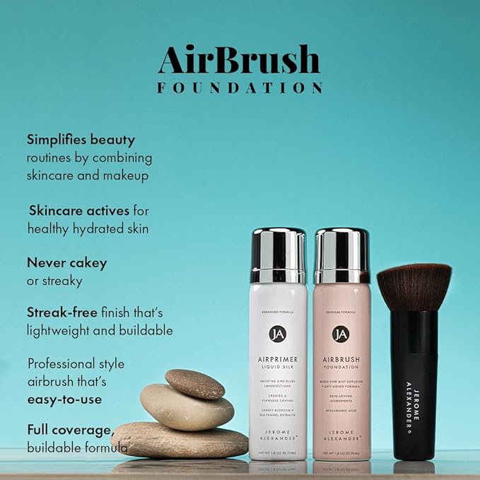 MagicMinerals AirBrush Foundation Set by Jerome Alexander – 3pc Set Includes Primer, Foundation and Kabuki Brush - Spray Makeup with Anti-aging Ingredients for Smooth Radiant Skin (Warm Medium)