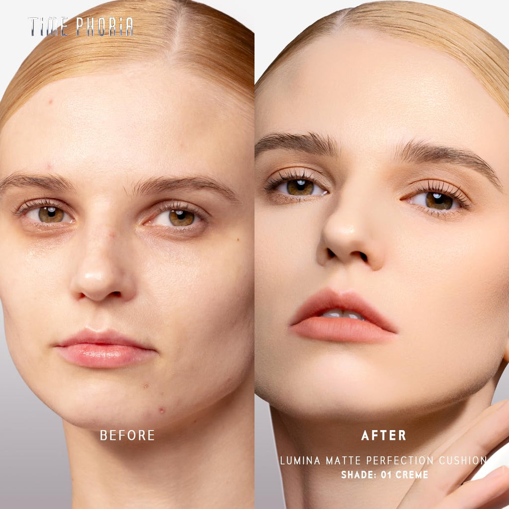 TIMEPHORIA Timeless Lumina Matte Cover Cushion Foundation -01 Creme, Full Coverage Air Cushion, Lightweight & Natural Flawless Matte Finish, 12H Oil Control, Long-Lasting, Waterproof, Sweatproof