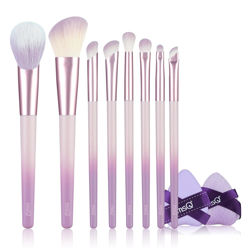 MSQ Make Up Brushes Total 10Pcs-with 8 Makeup Brush & 1 Foundation Puff & 1 Velve Powder Puff, Synthetic Hair Powder Brushes for Blush Countour Concealer Eyeshadow Eyeliner