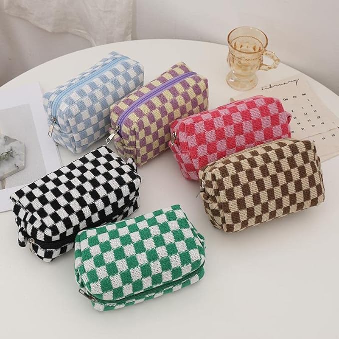 Checkered Makeup Bag for Purse, Small Travel Cosmetic Pouch,Colorful,6 Pack