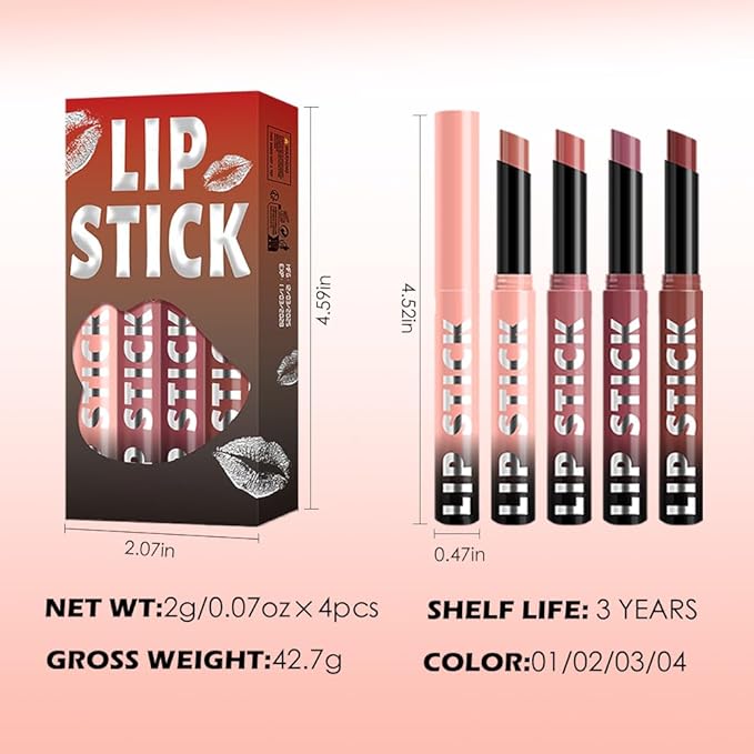 IATMOMOD 4Pcs Matte Lipstick Set for Women, Warm Pink Coral Red Purple Dark Red Vegan Lip Bar, Long Lasting Waterproof Transfer-Proof 24H Moisturizing All-Day Lip Color SetA01#