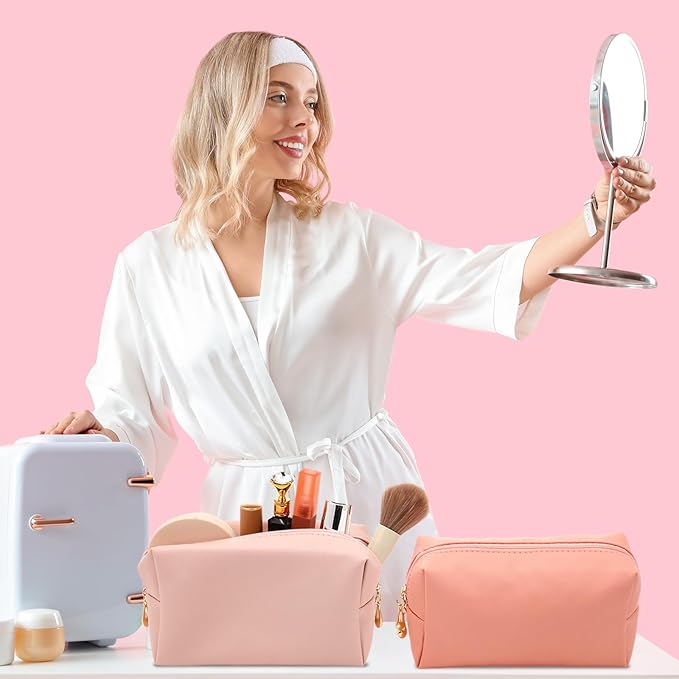 Sanwuta 9 Pcs Makeup Bags Bulk Bridesmaid Proposal Gifts Cosmetic Bags Preppy PU Leather Double Zipper Toiletry Pouch Portable Travel Organizer Case for Women Bachelorette Gift(Macaron Colors)
