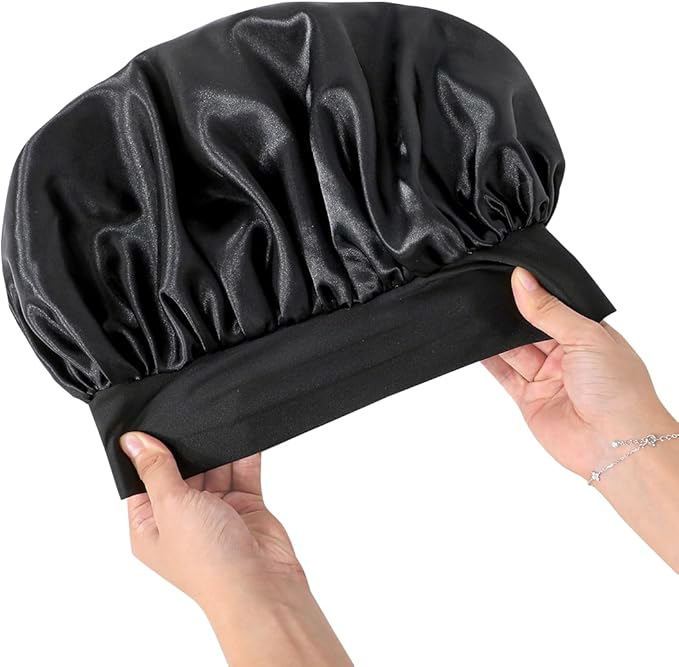 GDTOGRT Satin Silk Bonnet for Sleeping Women, Double Layer Sleep Hair Bonnets Caps for Curly Natural Hair with Tie Band -Black Stripe