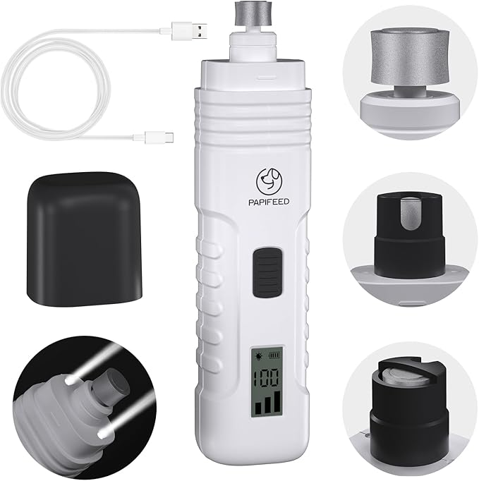 PAPIFFEED Dog Nail Grinder with LCD Display – Quiet Electric Nail Trimmer with Dual LED Light, Safe for Black & Thick Nails, Rechargeable for Small Medium Large Dogs & Cats (White)