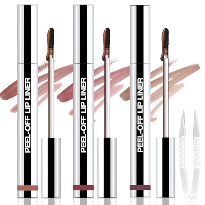 JUAAZIN 3Pcs Matte Lip Stain Peel Off Lip liner with Tweezer, Peel Off Lip Stain, Long Lasting Waterproof Lipstick Lip Gloss Tattoo, Transfer-proof for All Skin Types (02#+03#+05#)