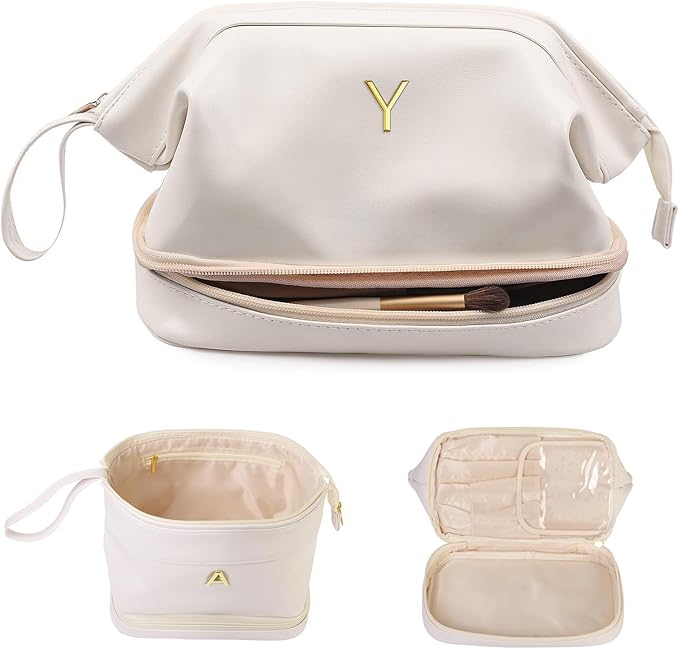 Travel Essentials for Friends Female Mom, Personalized Makeup Bag, Double Layer Cosmetic Bag with Makeup Brush Organizer, Waterproof, Large Capacity PU Leather Toiletry Bag Customized Gifts