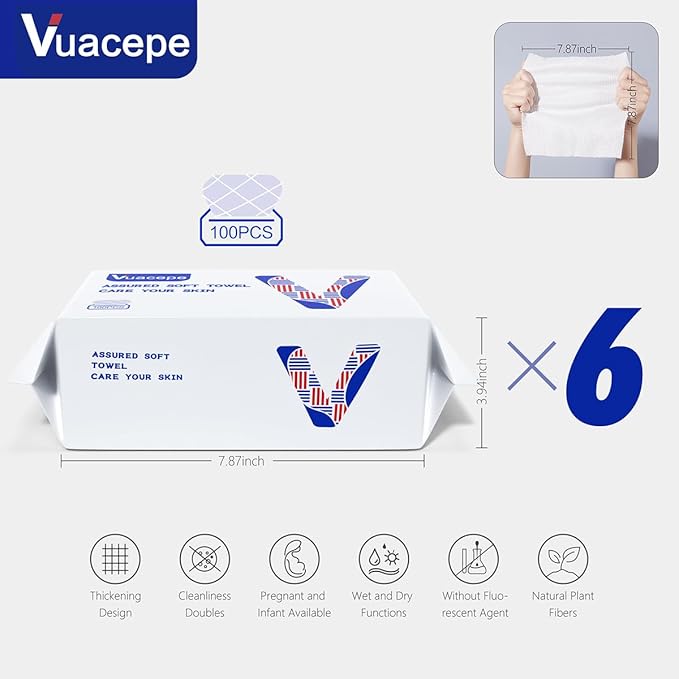 vuacepe Disposable Cotton Facial Towels, 600 Count Biodegradable Soft Dry Facial Tissue, Face Drying Towels for Skin Care, Makeup Remover, Disposable Face Cloths