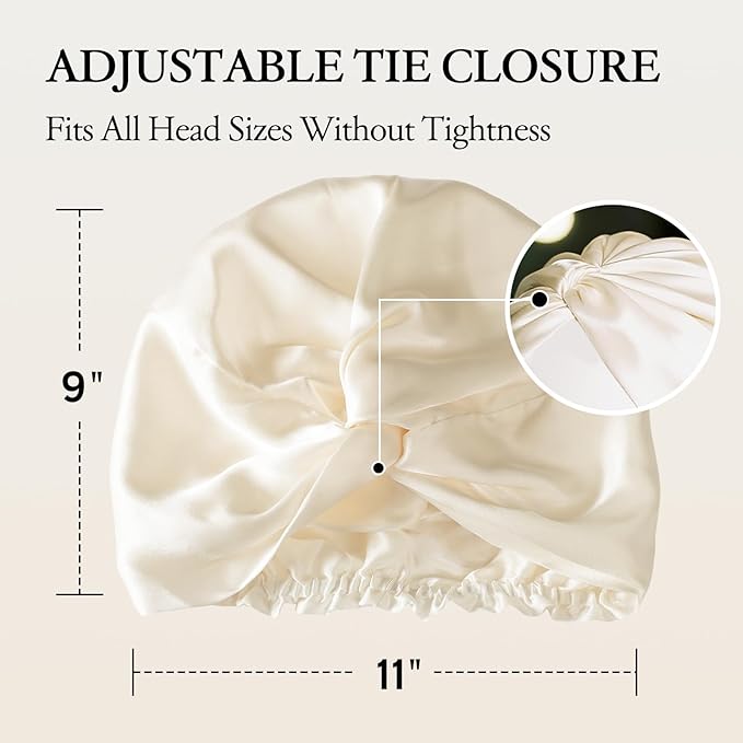 SYSERAN 100% Mulberry Silk Bonnet for Sleeping - Women Natural Curly Hair Night Cap Luxury Sleep Head Wrap with Elastic Band(Beige)