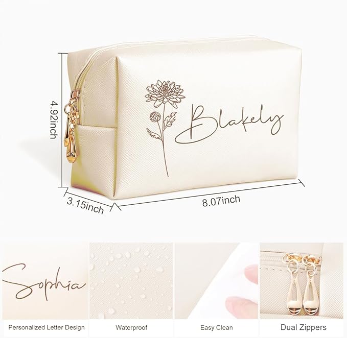 DayOfShe Personalized Name Makeup Bag for Bridesmaid Gifts Bridal Shower Wedding Gifts Custom Travel Toiletry Bag Cosmetic Bag for Best Friend Birthday Gifts