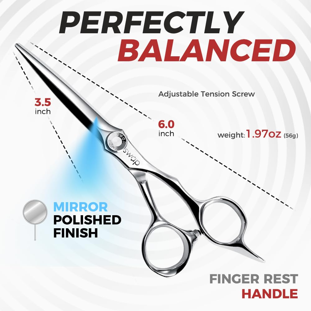 SWAP Professional Hair Cutting Scissors - 6.0'' Japanese SUS 440C Steel Barber Scissors, 60-62HRC Sharp Edge Blade with Adjustable Tension Screw for Salon & Home Use（6.0'' Hair Shears）