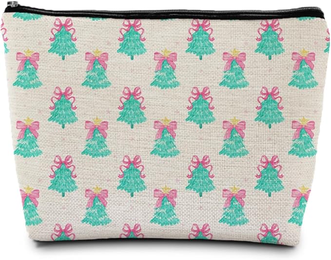 SAFDSGFDB Coquette Pink Bow Christmas Tree Makeup Bag, Preppy Mint Green Christmas Tree Cosmetic Bags Gifts for Women, Girly Xmas Portable Travel Toiletry Bag Zipper Makeup Pouch