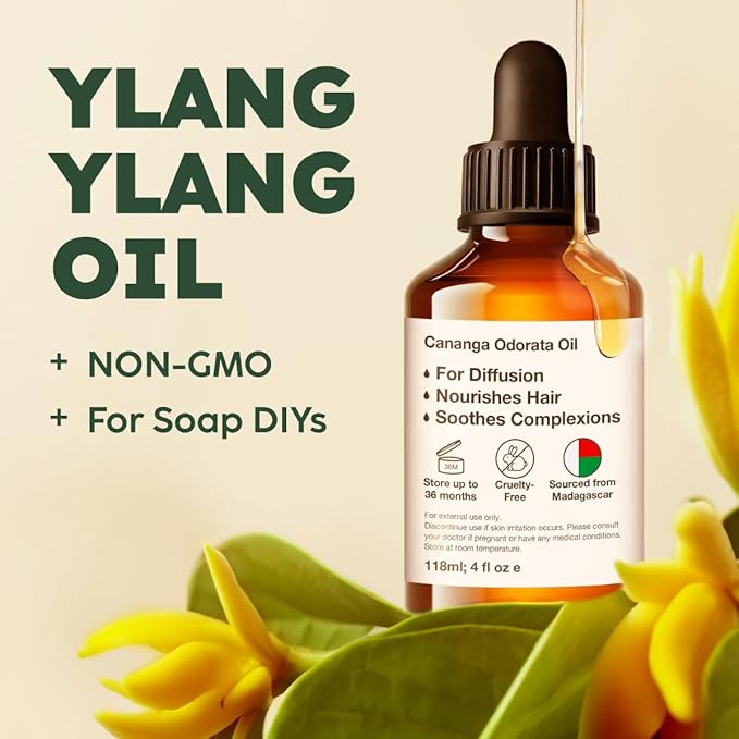 100% Pure Ylang Ylang Oil - 4 Fl Oz Ylang Ylang Essential Oil for Hair, Skin, Diffuser, Aromatherapy & DIY Soap Making Scent