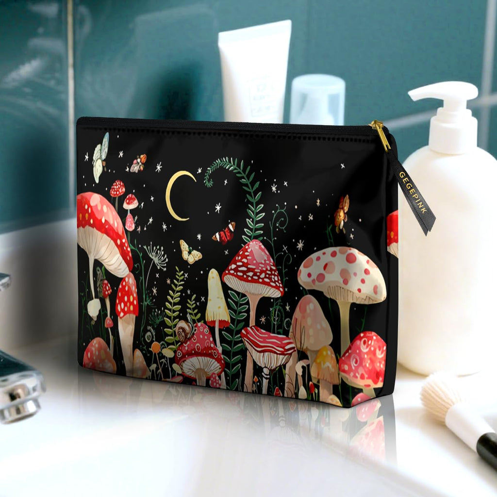 GEGEPINK Cute Makeup Bag for Purse Waterproof Cosmetic Bags for Women Funny Smooth Zipper Travel Toiletry Pouch 10X8 Inches-Mushroon Makeup pouch