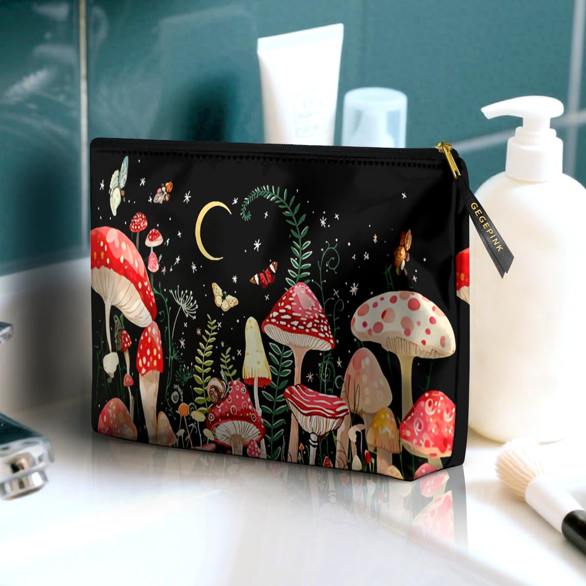 GEGEPINK Cute Makeup Bag for Purse Waterproof Cosmetic Bags for Women Funny Smooth Zipper Travel Toiletry Pouch 10X8 Inches-Mushroon Makeup pouch