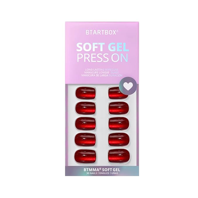 BTArtbox Press On Nails, Hot Love, Short Square, Red Cat Eye, 32Ct