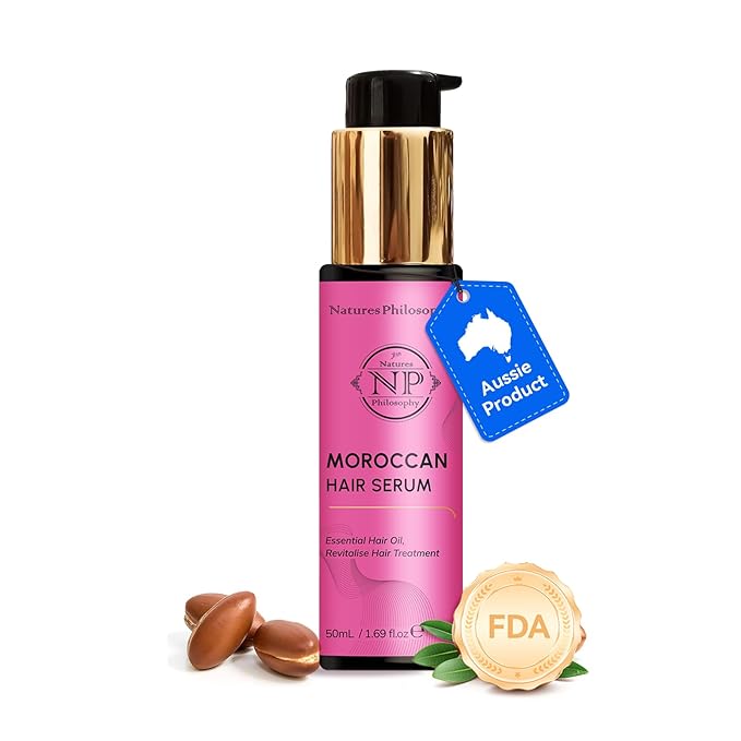 NP NATURES PHILOSOPHY Moroccan Argan Hair Oil, Leave In Hair Serum Anti Frizz Heat Protectant Oil for Curly Color Treated Damaged Hair, Vegan Split End Repair Hair Finishing Oil 1.69 Fl oz