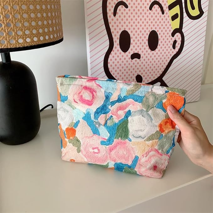 Flat Makeup Bag for Women,Zipper Cosmetic Pouch for Purse,Garden Orange