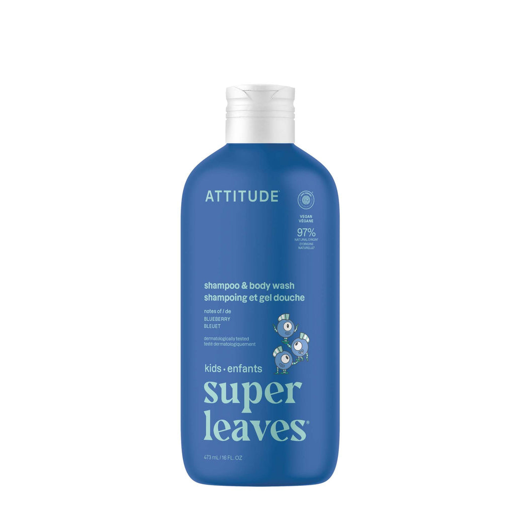 ATTITUDE Shampoo and Body Wash for Kids, EWG Verified Hair and Body Cleanser, Dermatologically Tested Soap, Plant and Mineral Based Bath Products, Vegan, Blueberry, 16 Fl Oz