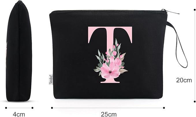 Vavabox A-Z Personalized Makeup Bag, Birthday Gifts for Women Mom, Gifts for Best Friend, Bride Bridesmaid Cosmetic bag (T, 02-Black)