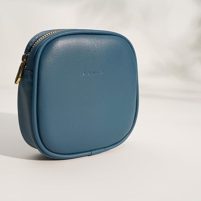 Benfan Leather Cosmetic Bag for Women Small Zipper Makeup Bag for Purse Waterproof Travel Makeup Organizer Charger Storage Pouch Color Blue