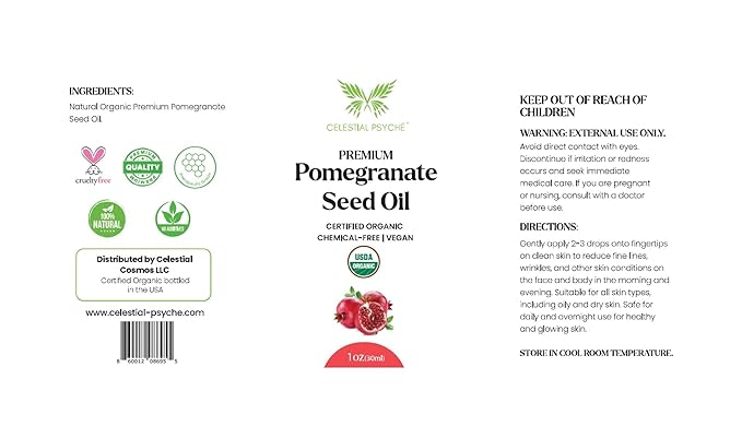 Celestial Psyché USDA Certified Organic Pomegranate Seed Oil (1 Oz) 100% Pure Natural, Hexane-Free, Face Moisturizer, Skin Hydration, Nails Natural Beauty Enhancement